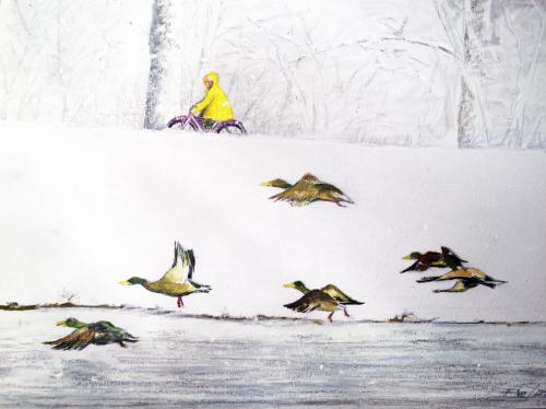 1PETIT CYCLISTE JAUNE AVEC CANARDS Huile pastel oil crayon – sur carton toilé 40x 32