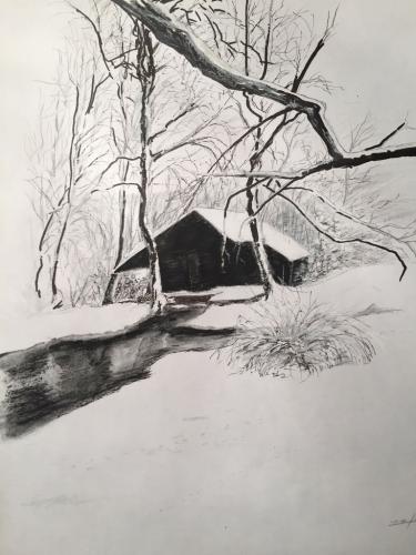 CABANE DANS LA NEIGE dessin sur papier - pastel, crayon, feutre, etc 37 x 29