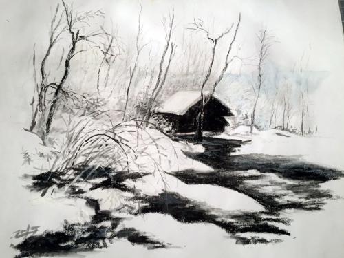 CABANE EN HIVER 2 pastel oil acrylique aquarelle crayon sur papier 30 X 35