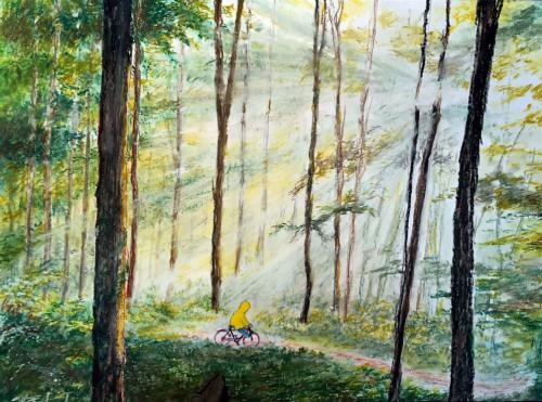 PETIT CYCLISTE JAUNE EN FORÊT APRÈS LA PLUIE pastel gras sur papier 30,5 X 