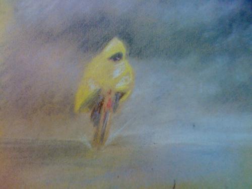 cycliste jaune - pastel sur papier kraft